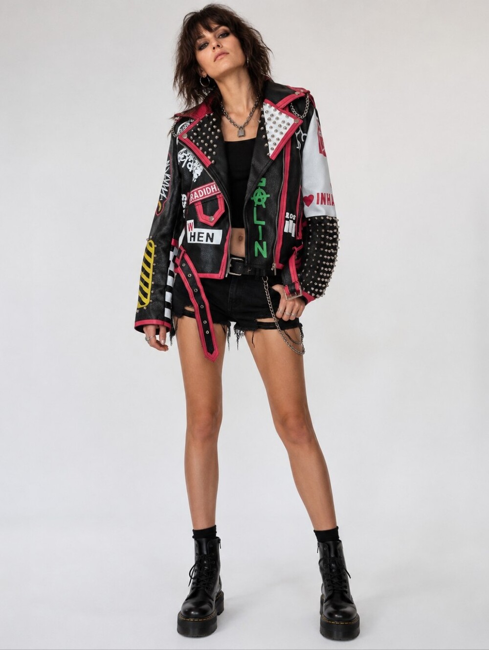 NWT Black Studded Punk Rock Goth Graphic Biker Faux Vegan Leather Jacket Medium